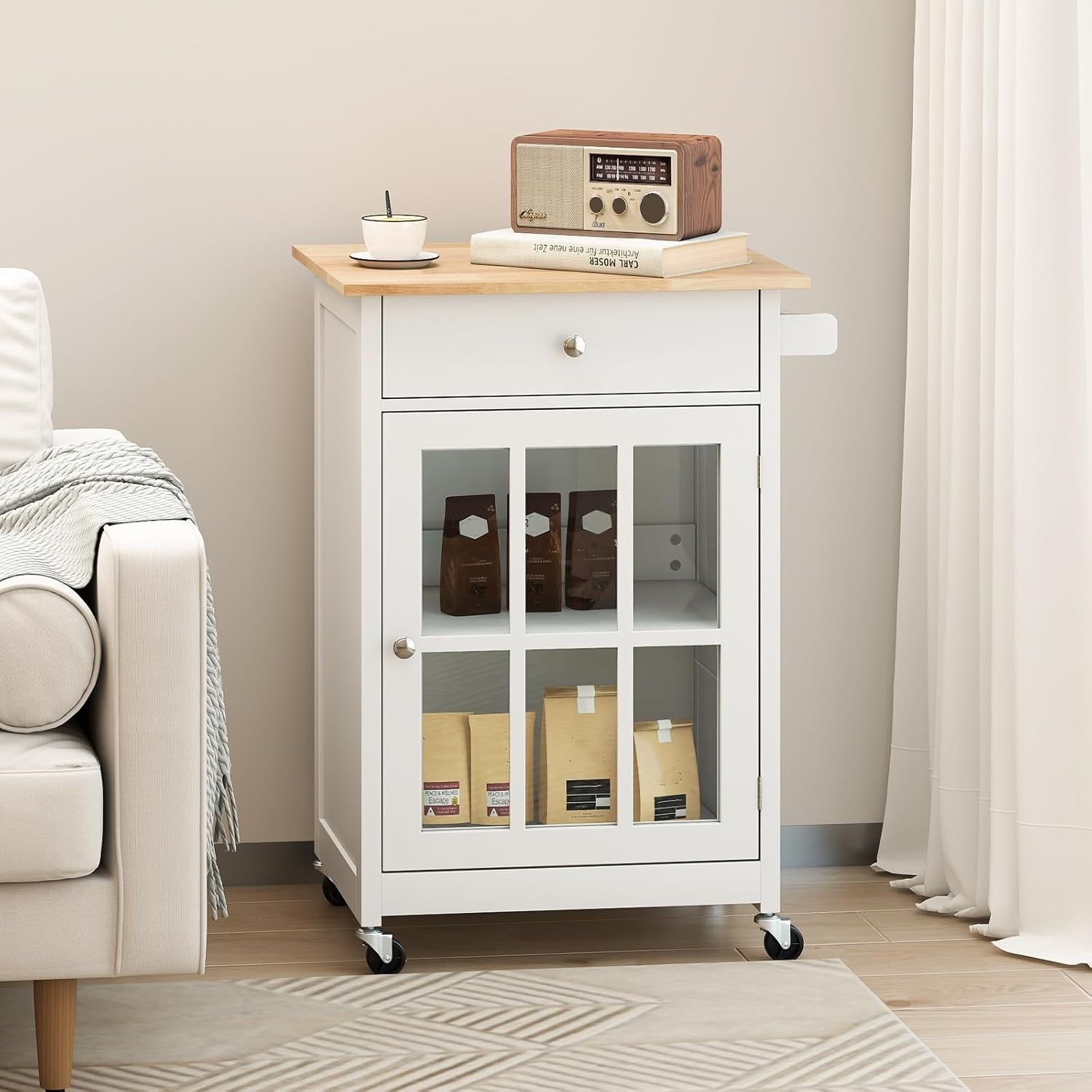 Kitchen Island on Wheels Storage Trolley with Glass Door Drawer Towel Rail
