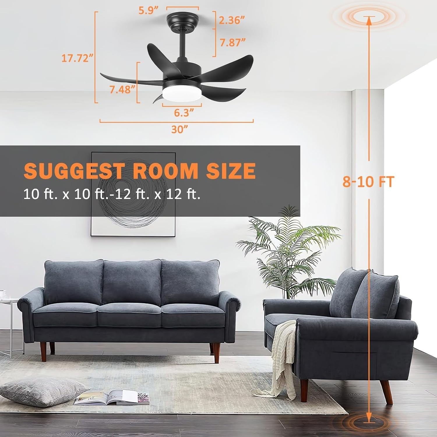 30" Black Ceiling Fan Light, 6 Speeds, Dimmable, Reversible, Quiet Smart Fan