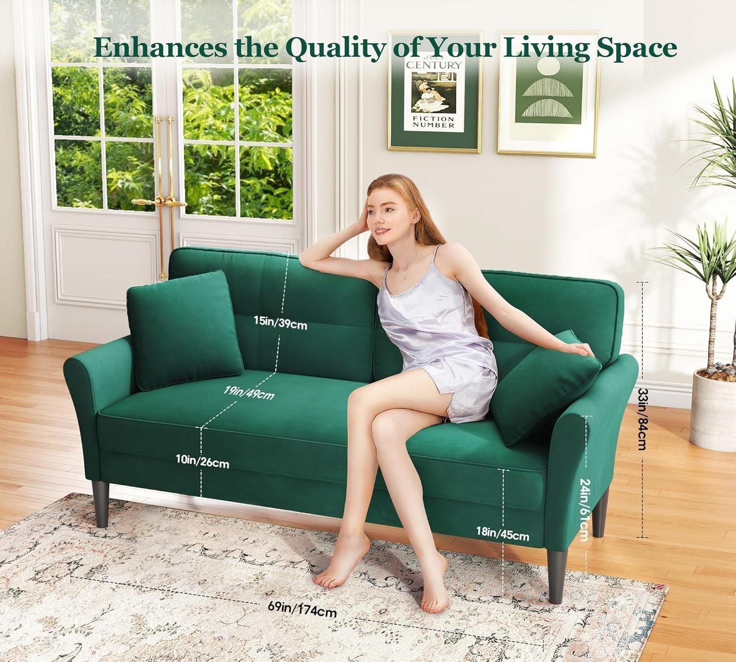 Velvet 3 Seater Sofa Bed 175cm Comfy Deep Seat Small Lounge Couch Green