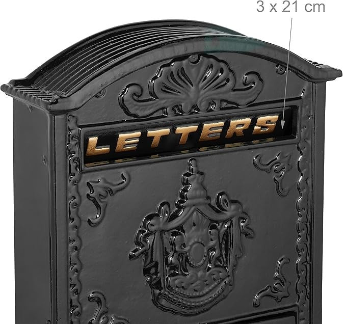 Vintage Wall Mounted Mailbox Lockable A4 Slot Iron Aluminium Black Gold