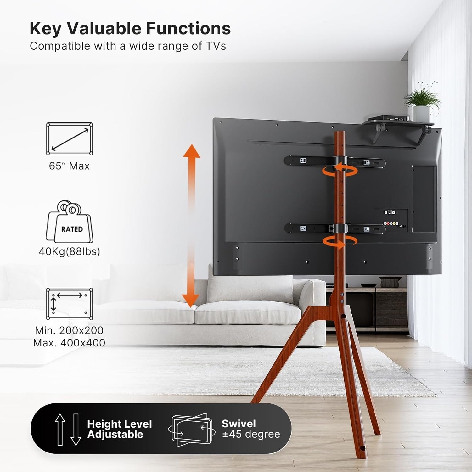 Wooden TV Stand Tripod 45–65” Adjustable Media Shelf Swivel Floor Mount