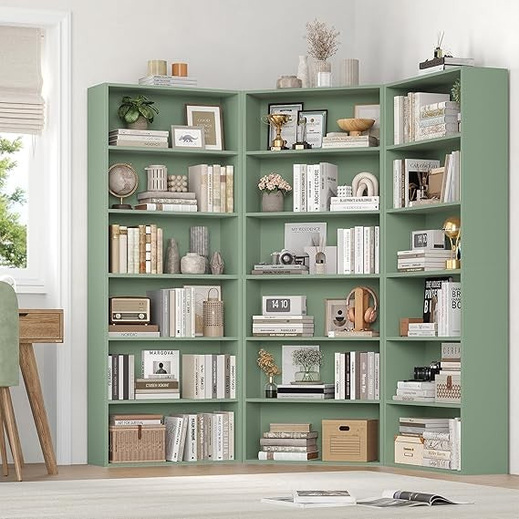 Tall 6-Tier Bookshelf Green Freestanding Storage Unit Open Display Shelf 60x23.5