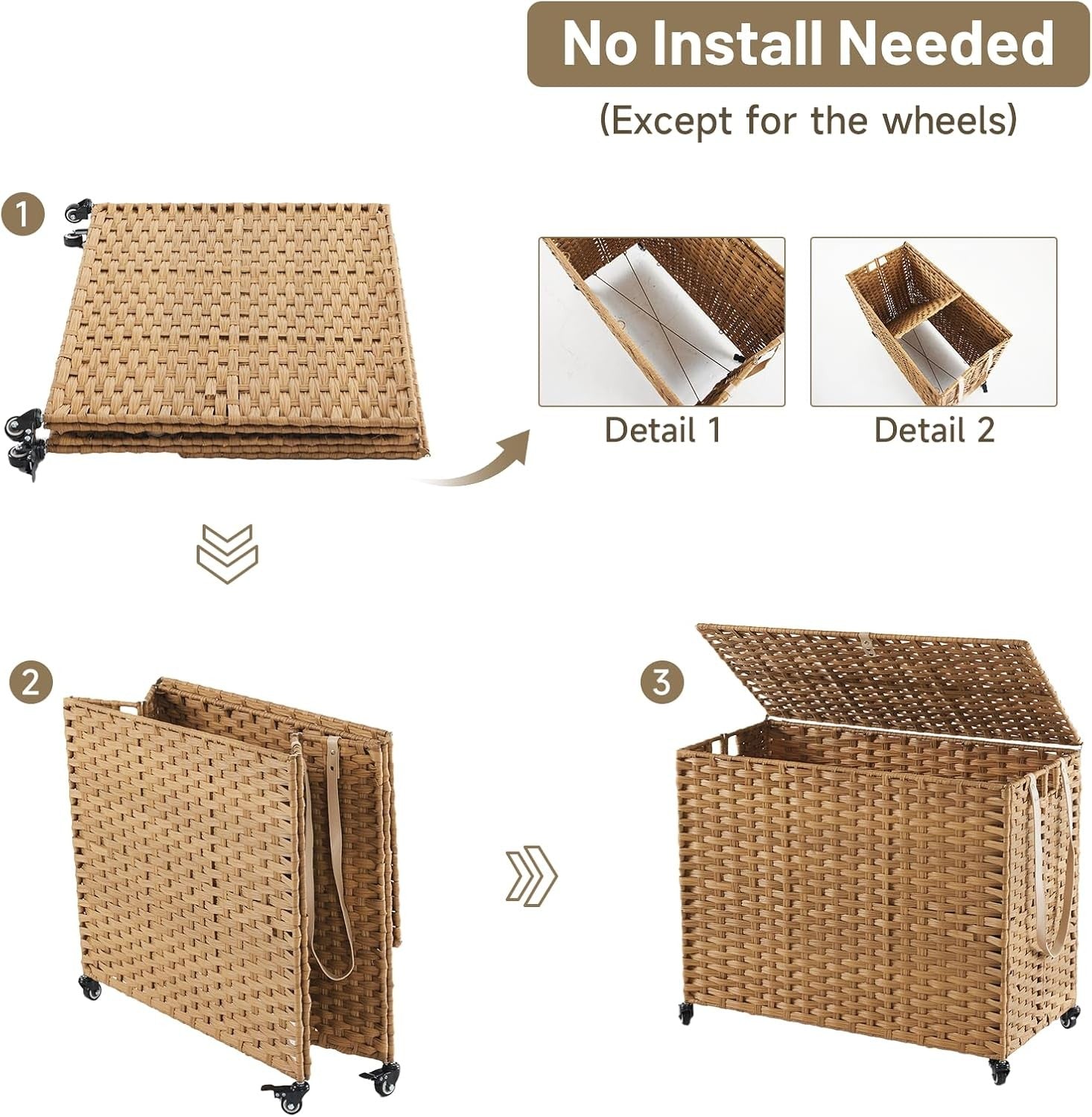 200L Wicker Laundry Hamper on Wheels | 3 Removable Bags & Lid | Large Natural Ba
