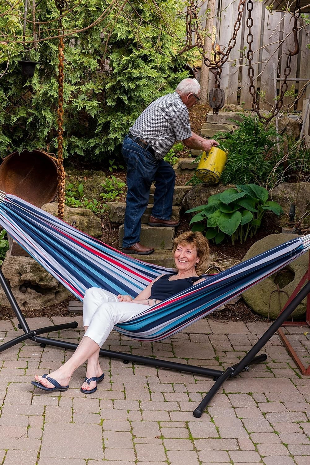 Double Cotton Hammock with Steel Stand 204kg Capacity Adjustable Indoor Outdoor