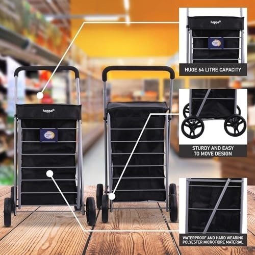 4 Wheel Lightweight Folding Shopping Trolley 75.6L Extra Large Black