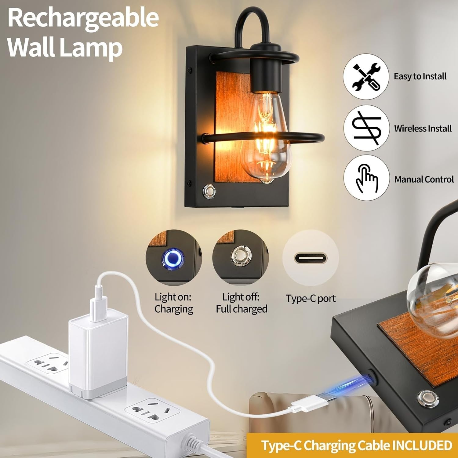 Dimmable Wireless Battery Wall Sconce Set, USB Rechargeable, Faux Wood Lamp