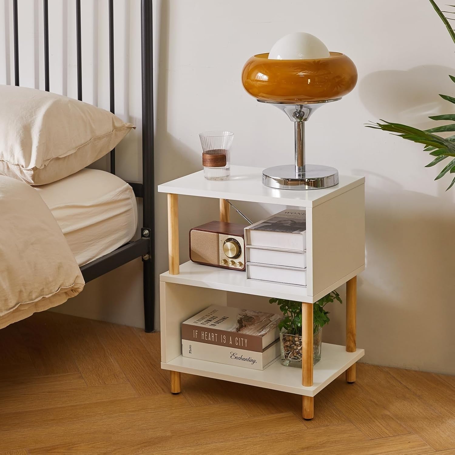 Modern White S-Shaped Side Table with Storage Shelves & Natural Wood Legs