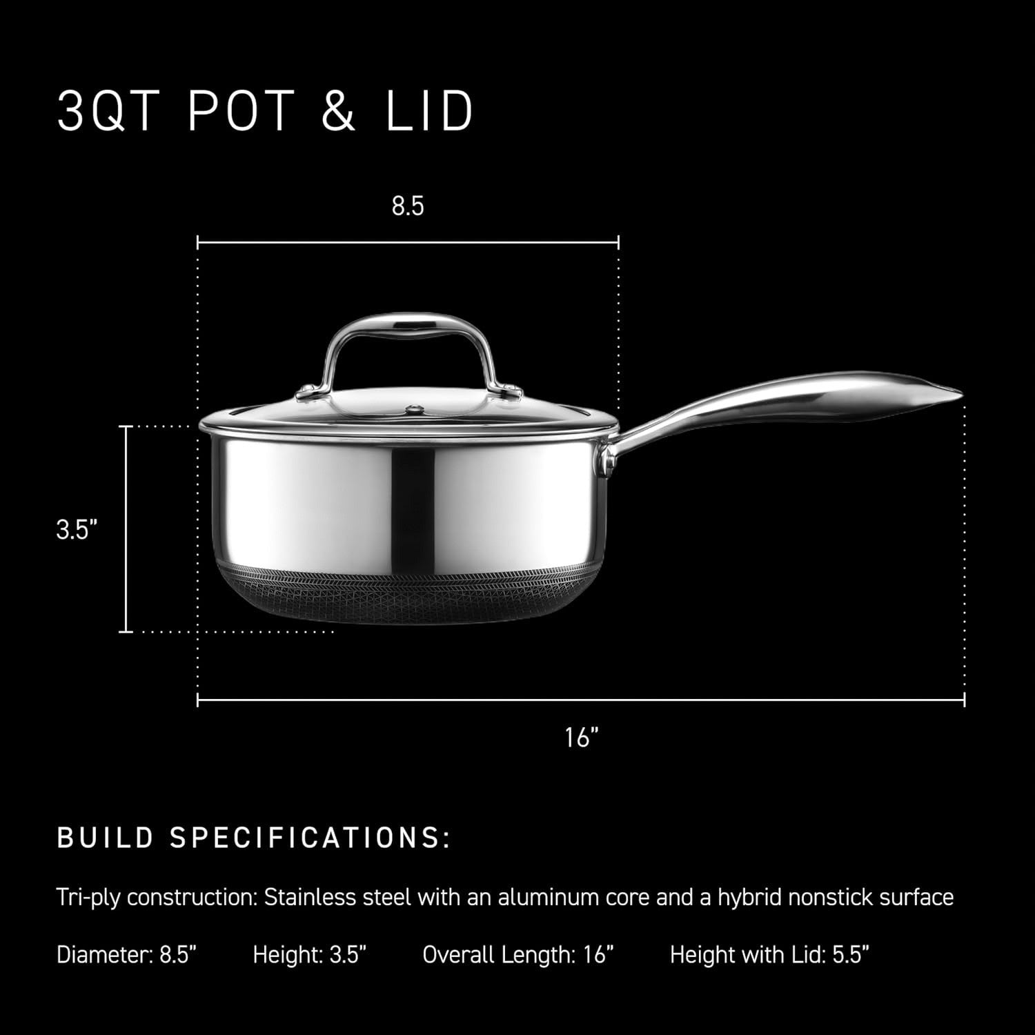 3L Non Stick Induction Saucepan with Glass Lid – Stainless Steel & Oven Safe