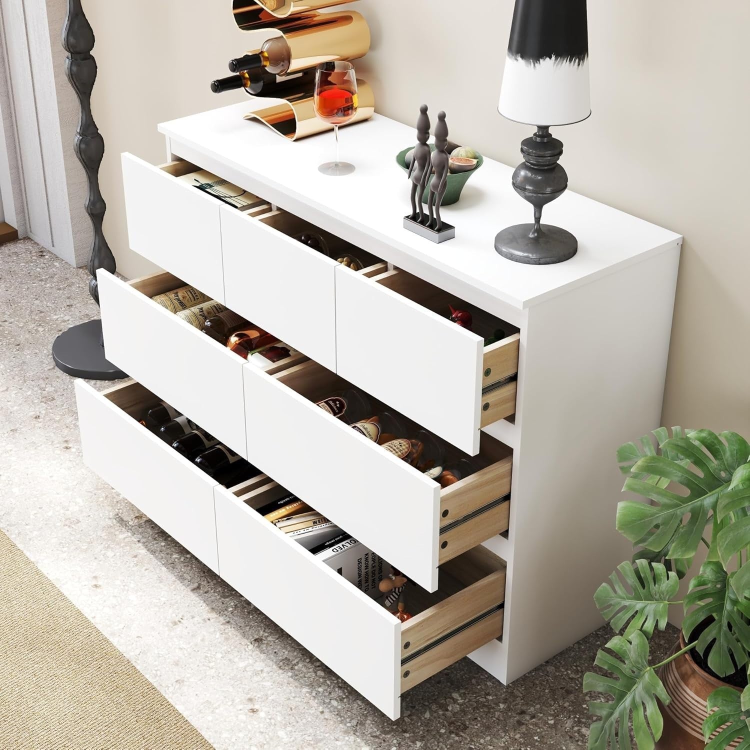 White 7 Drawer Wide Chest of Drawers Modern No Handle Storage 106x80cm