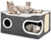 Extra Wide Cat Cube House 2 Layer Cat Cave Bed Foldable w Scratch Pad