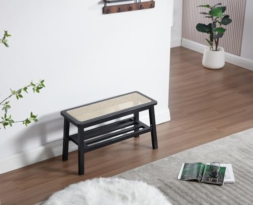 Black Rattan Dining Bench with Solid Wood Legs Entryway Shoe Storage Ottoman