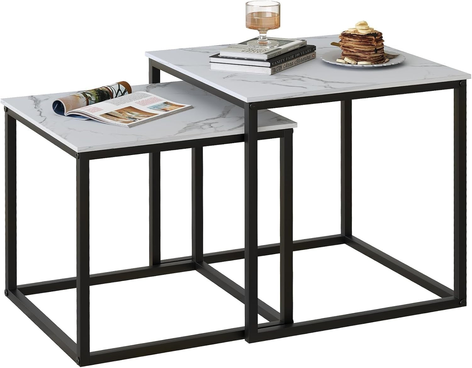 Black Nesting Coffee Table Set Modern Square Side End Tables Metal Frame