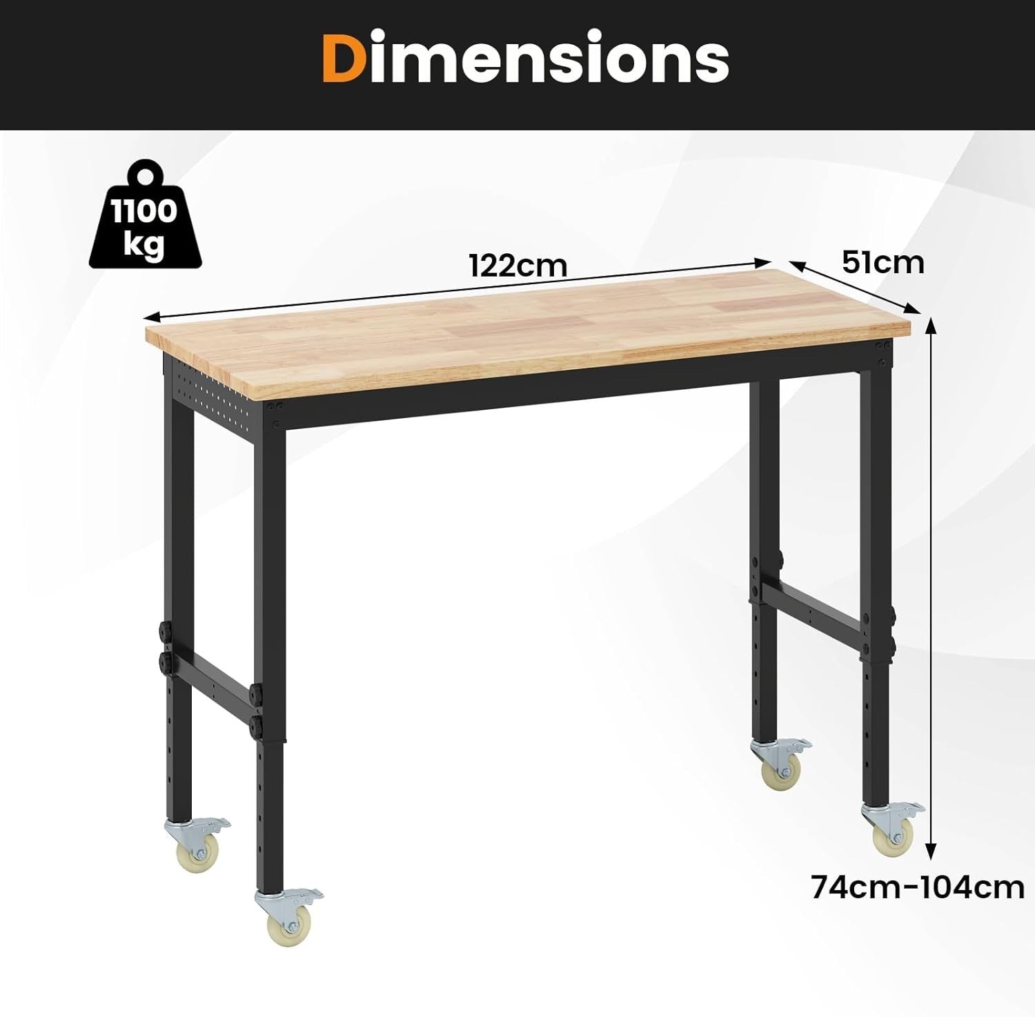 Adjustable Rolling Workbench 1100kg Heavy Duty Bamboo Top 122x51 Locking Wheels