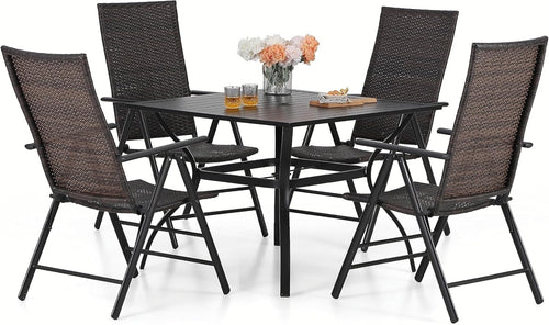 4pc Rattan Patio Dining Set Folding Chairs & Metal Table Umbrella Hole