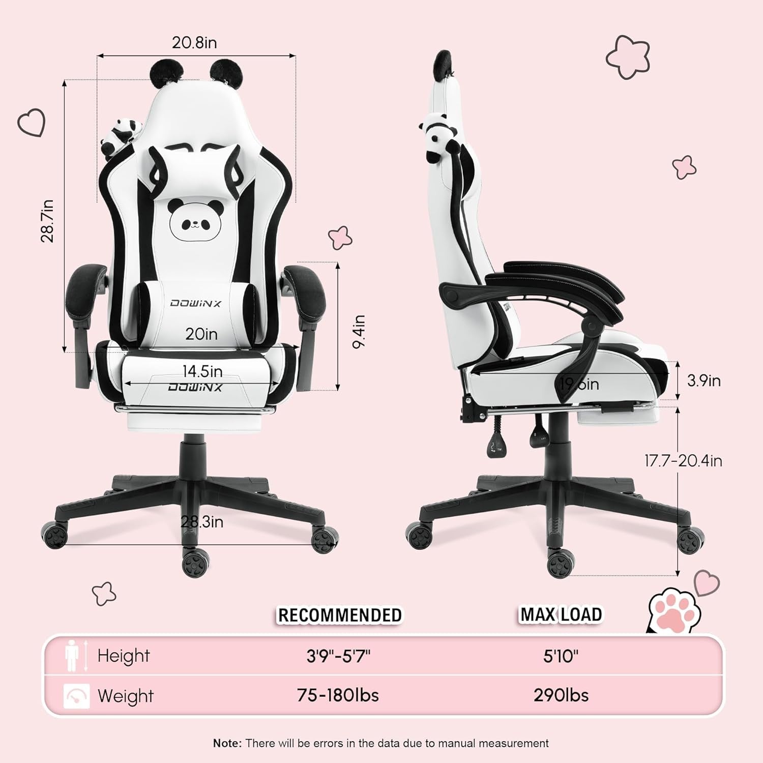 Cute Panda Ear Gaming Chair Massage Lumbar Footrest 290lbs