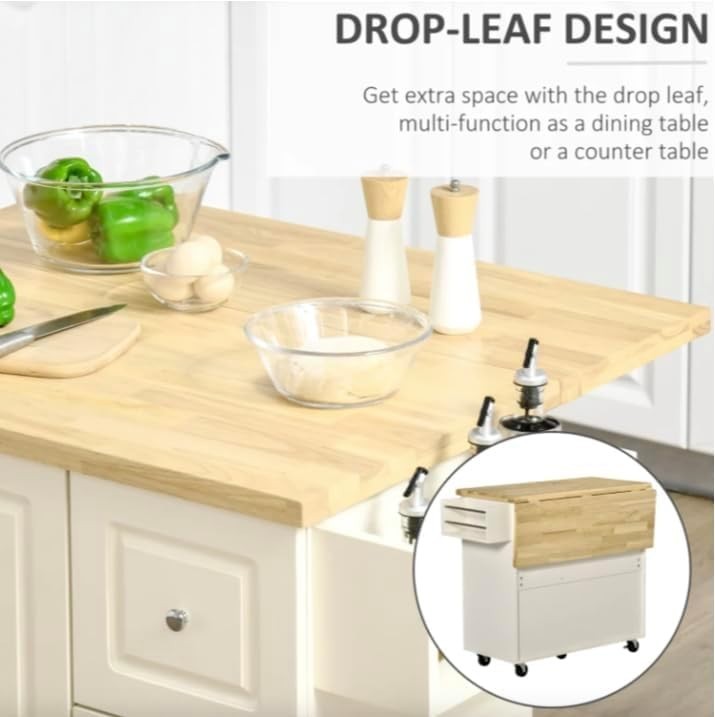 Kitchen Island Trolley with Drop Leaf & Drawer White 111.5x45-75x89cm