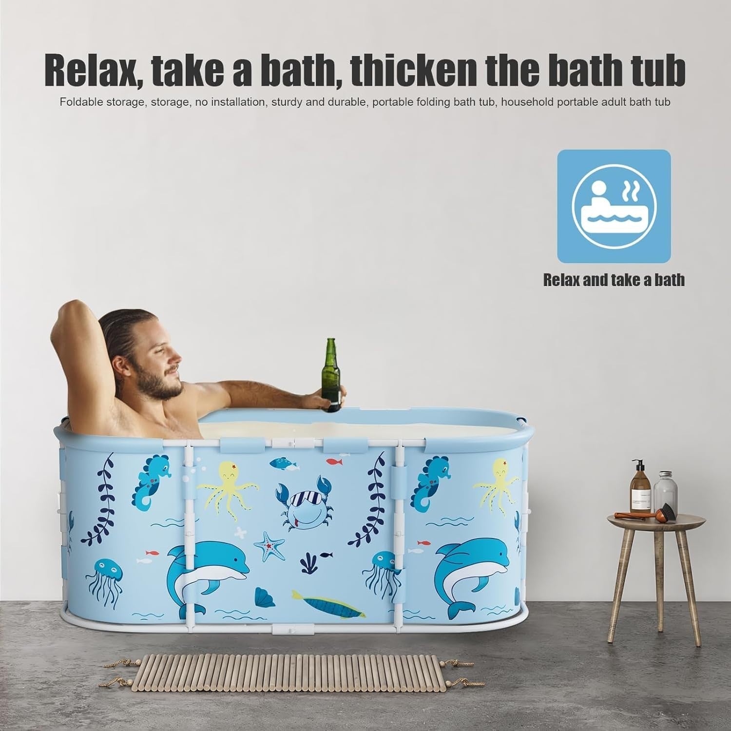 Portable Foldable Adult Bathtub 45" Blue | Family SPA Soaking Tub Plastic Frame