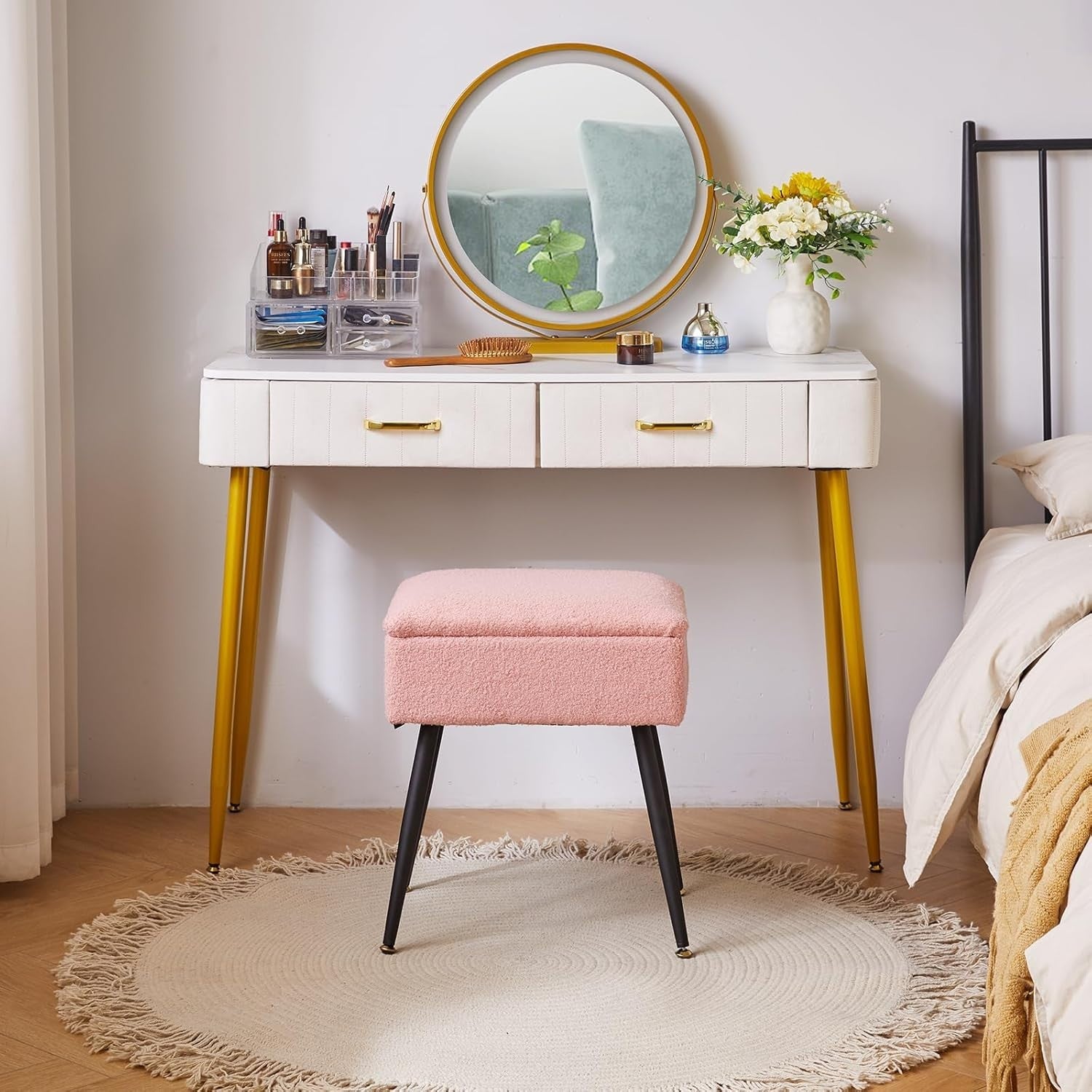 Pink Teddy Fur Vanity Stool with Storage – Soft Ottoman Chair for Bedroom