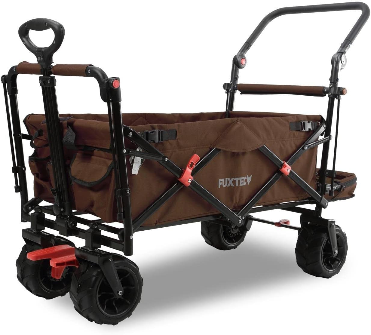 Brown Beach Wagon Foldable Cart w/ Roof Extra-Wide Wheels Push Handle & Brake