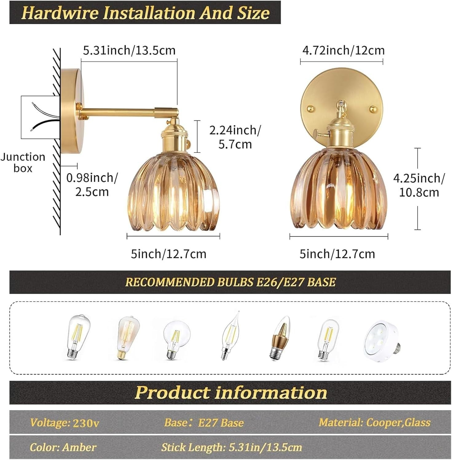 Vintage Amber Glass Wall Sconce, 180° Adjustable Brass Light Fixture