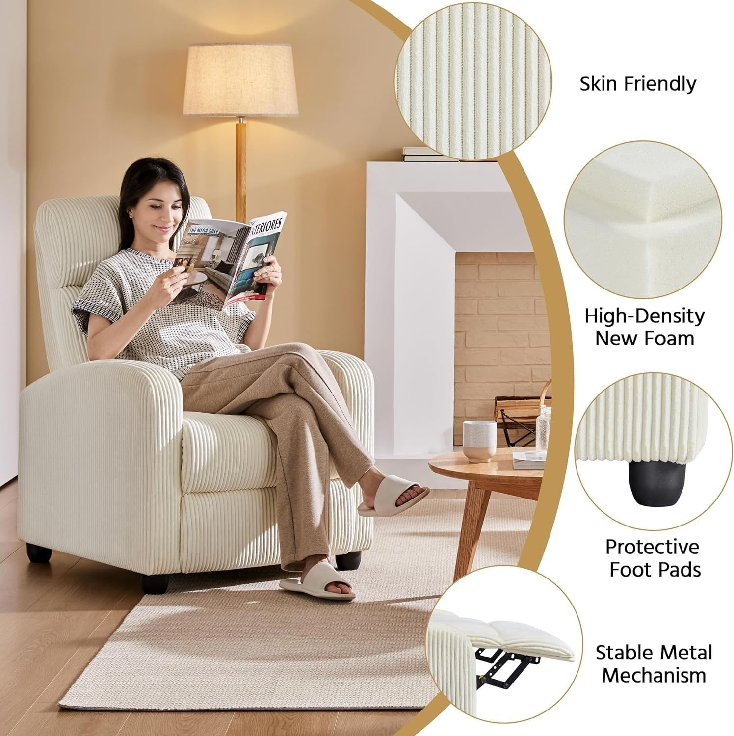 Recliner Armchair Corduroy Fabric Sofa Lounge Chair Home Theater Seat