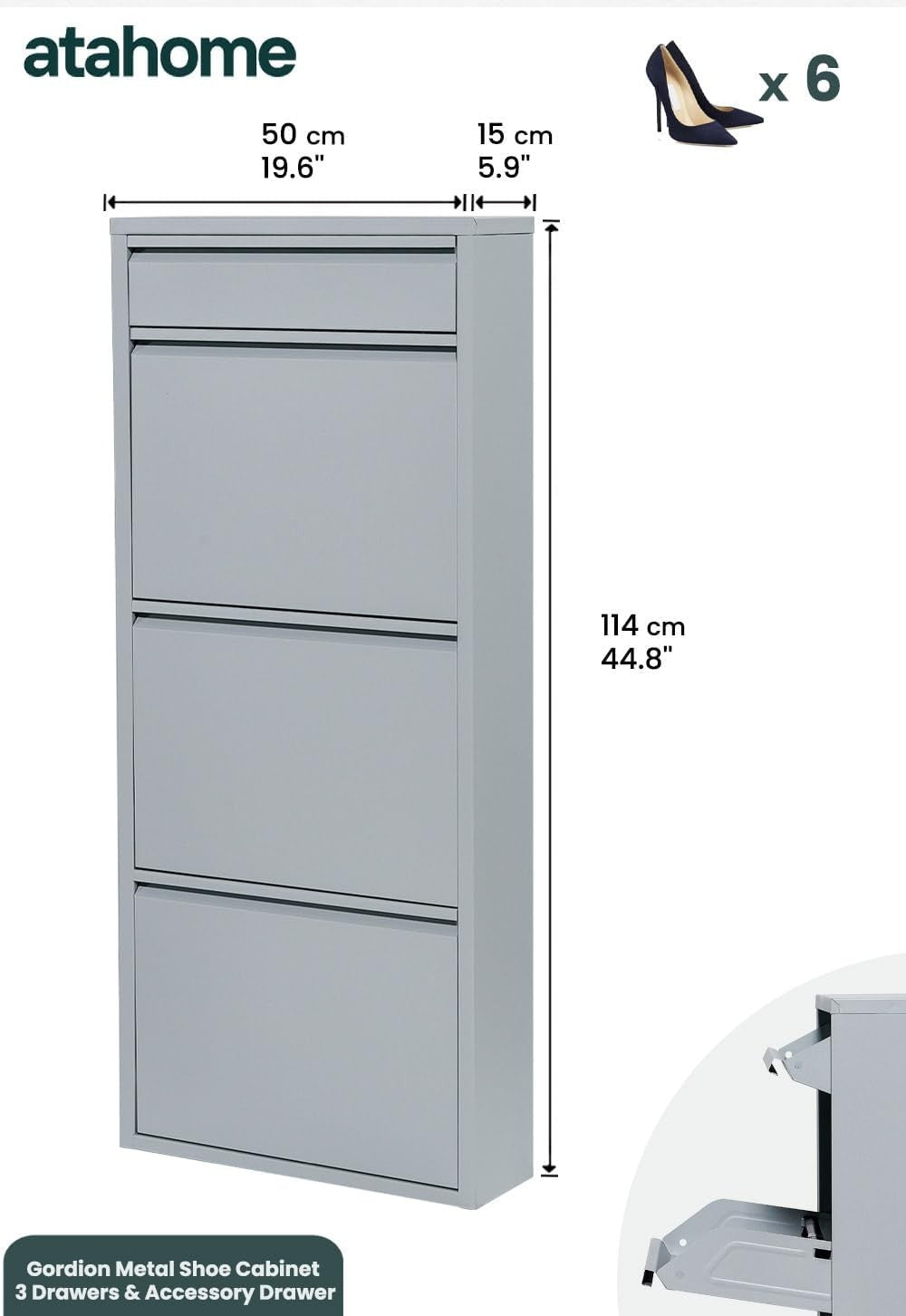 Slim Wall Mounted Shoe Cabinet 3+1 Drawer Metal Storage Organizer Grey 114cm