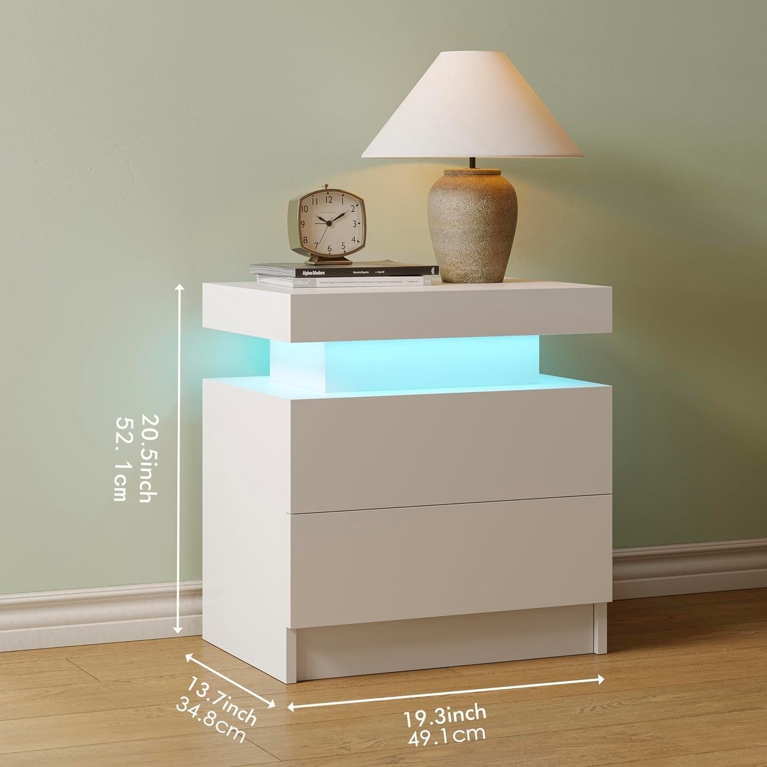 Modern LED Bedside Tables Set of 2 with RGB Lights & Drawers – White Nightstands