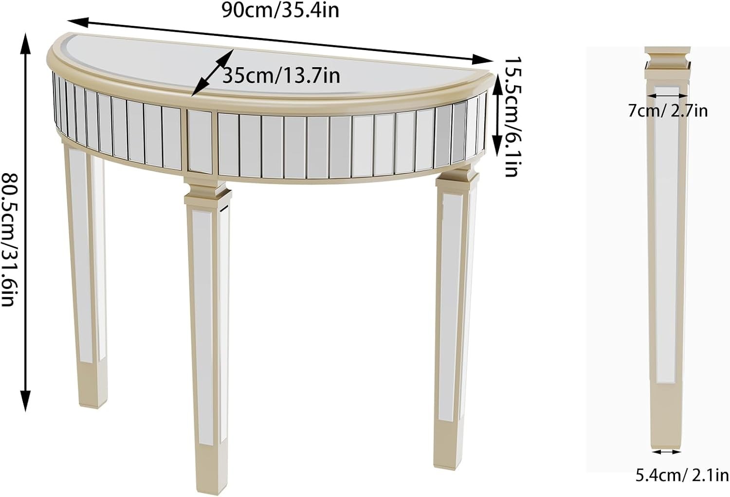 Elegant Mirrored Half Moon Console Table 90x35x80.5cm - Chic Hallway Decor