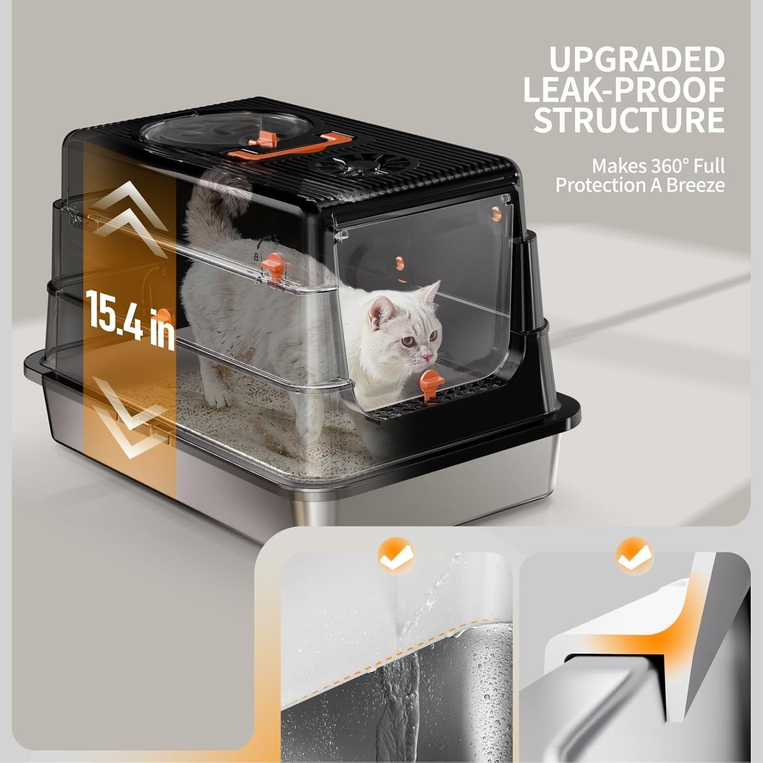 XL Stainless Steel Cat Litter Box Covered High Sided Leak Proof Tray