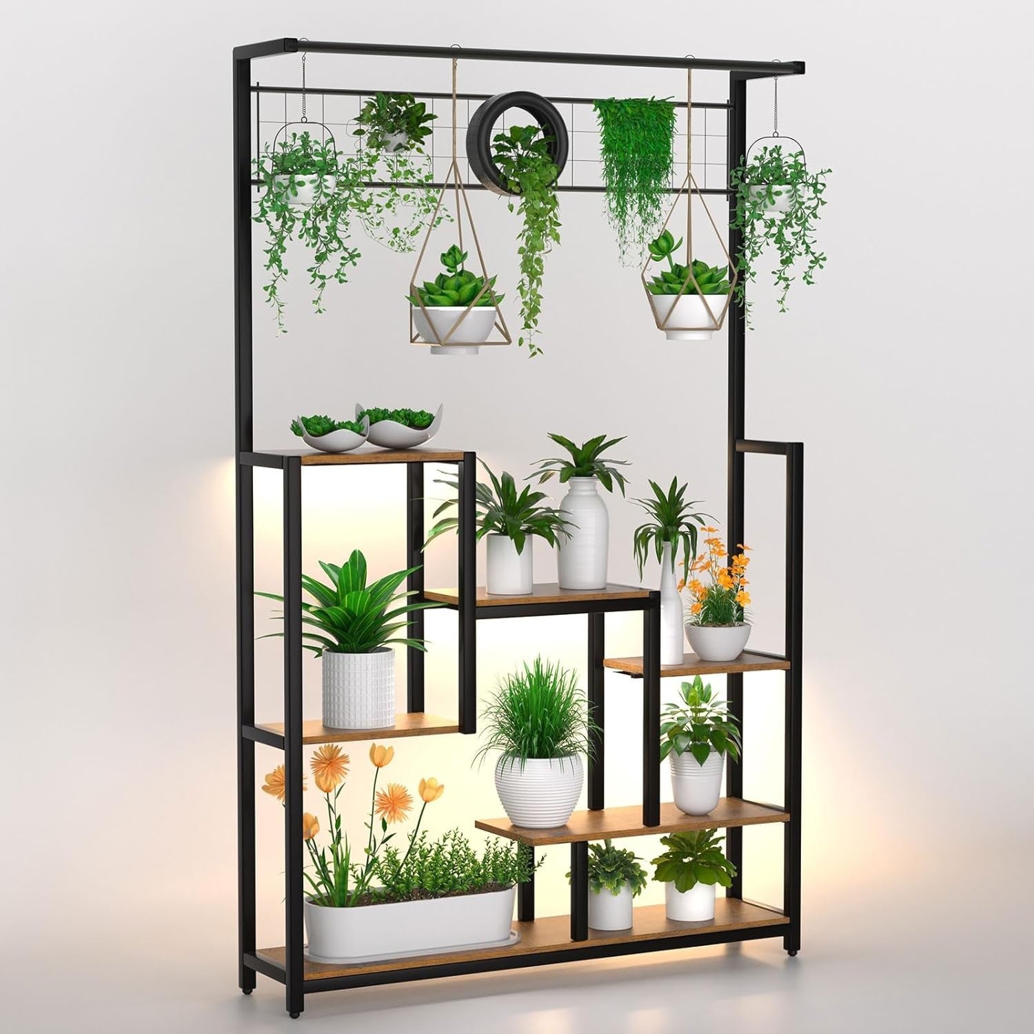 6 Tier Tall Metal Plant Stand with Grow Lights Indoor Outdoor Flower Shelf