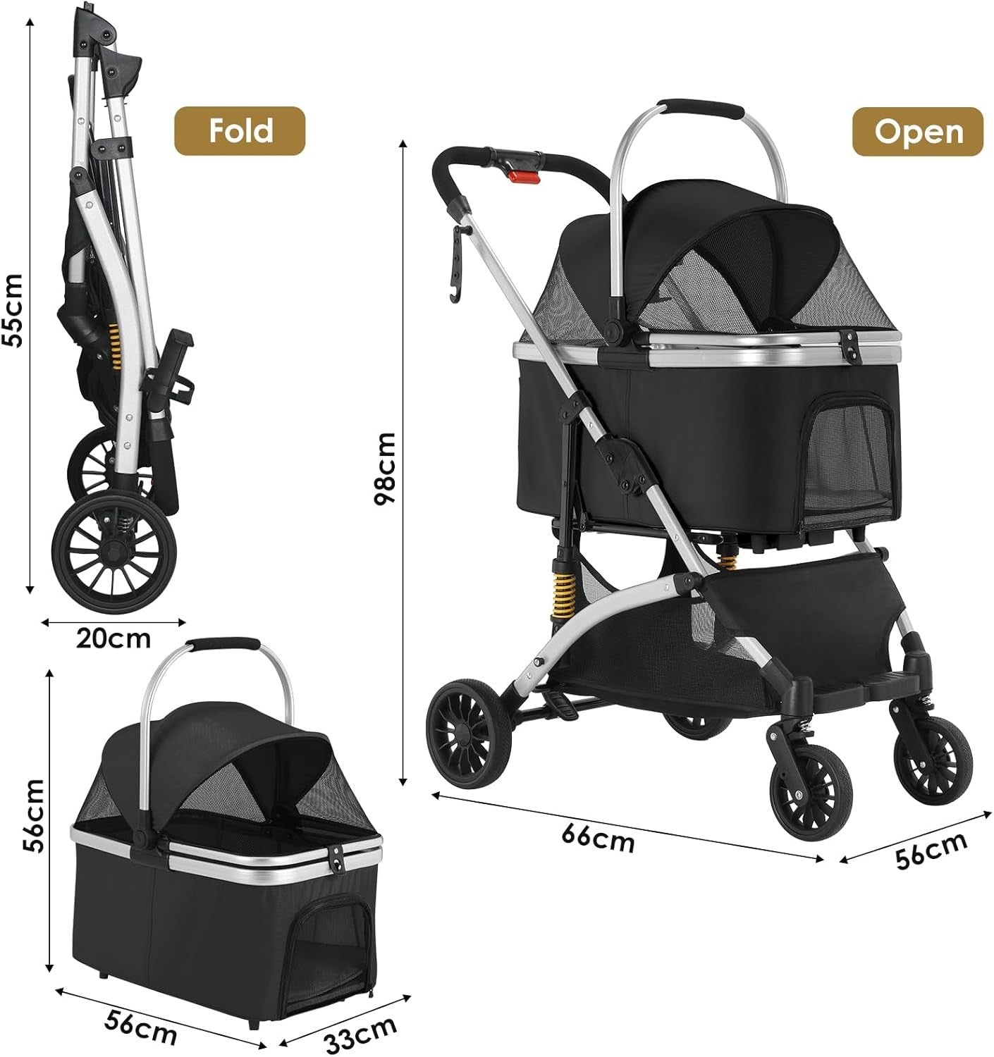 3 in 1 Pet Stroller Folding Dog Cat Pram 360 Wheels Storage Basket Black
