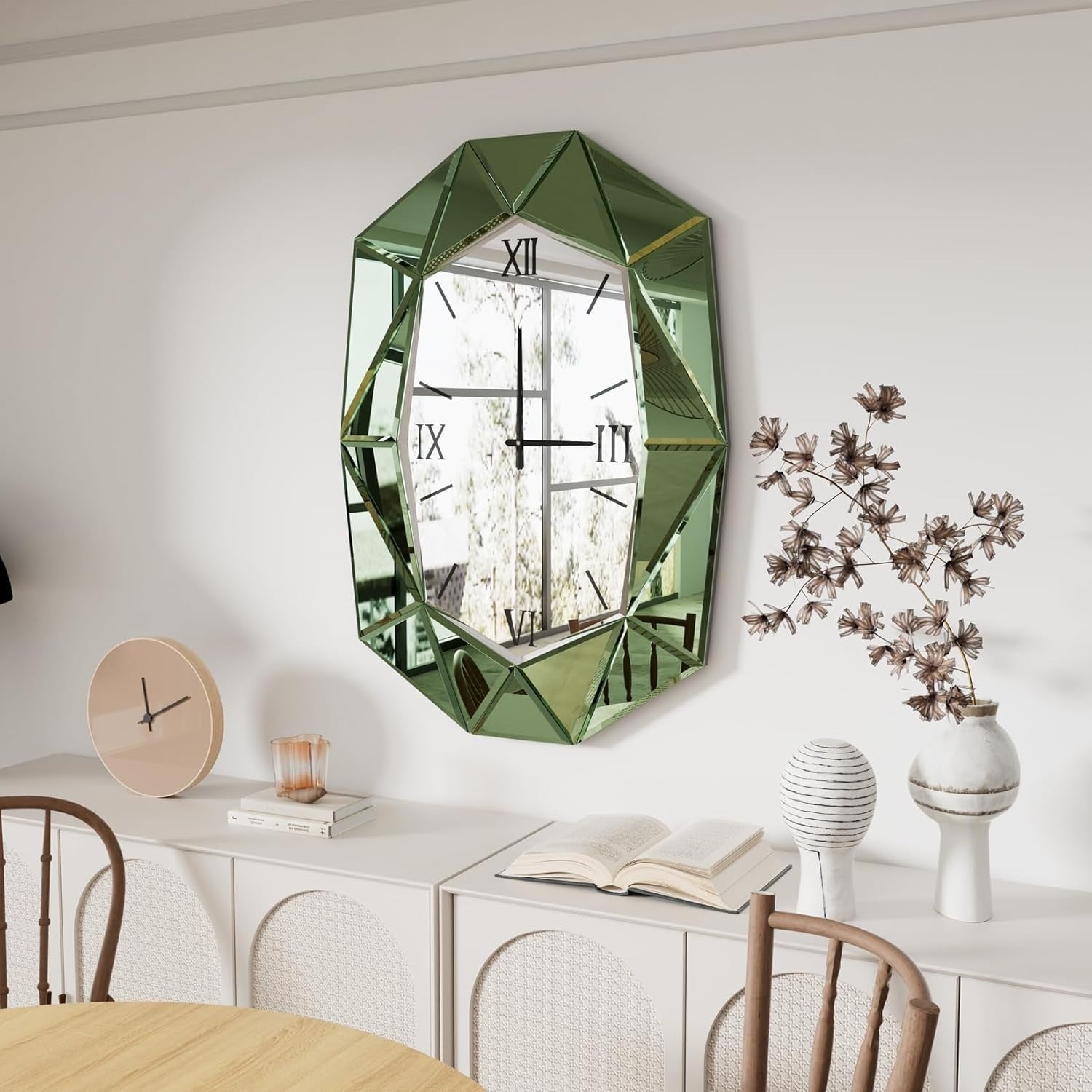 Beveled Glass Wall Clock Mirror 72x100cm Roman Numerals Silent Decor