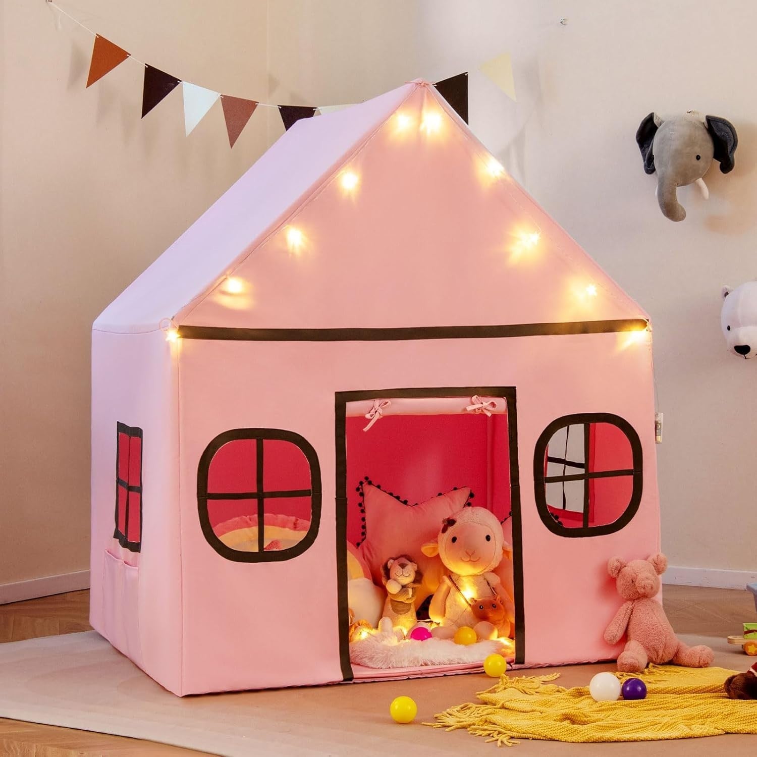 Pink Grey Kids Fairy Play Tent Indoor w Star Lights Mat Storage