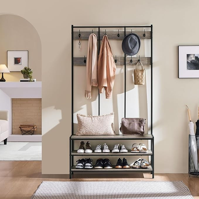 Grey Metal Hall Tree with 24 Hooks & Shoe Bench Industrial Coat Rack Stand