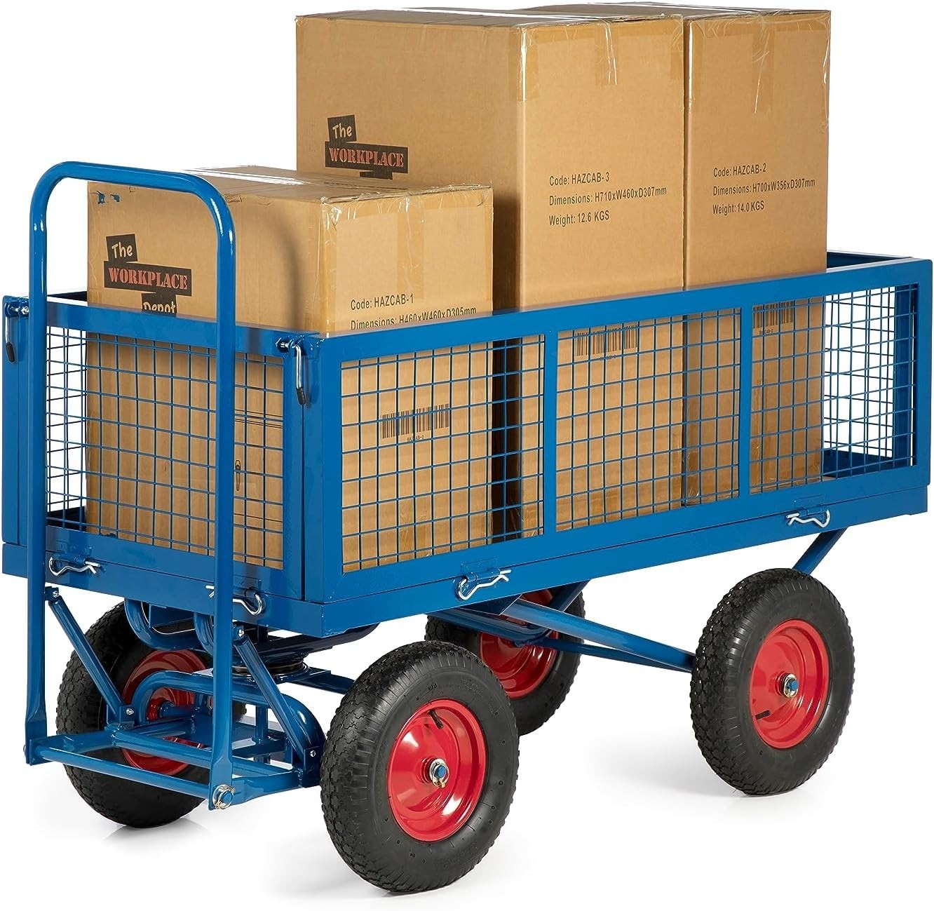 Heavy Duty 1000kg Platform Trolley Cart Mesh Sides Pneumatic Wheels