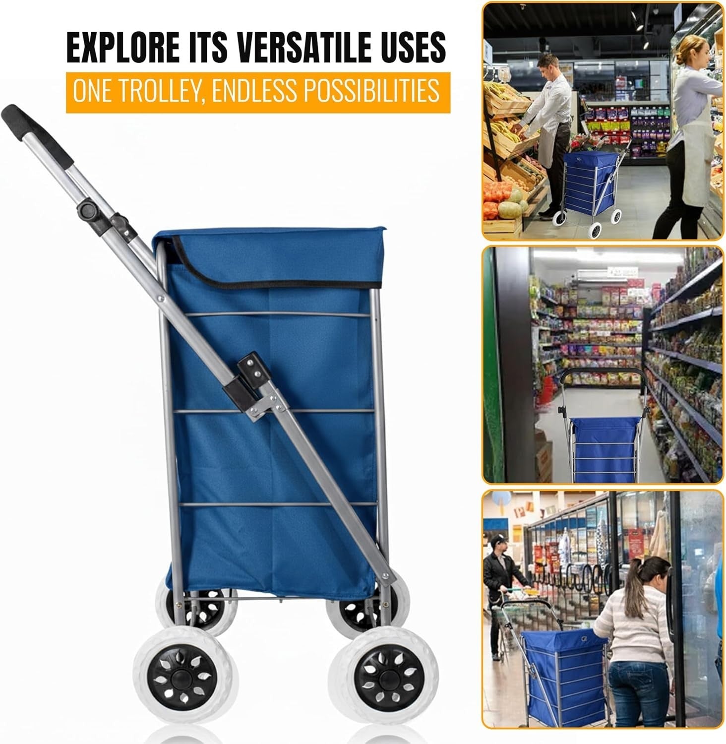Foldable 4-Wheel Shopping Trolley Cart with Removable Bag - Heavy Duty Blue