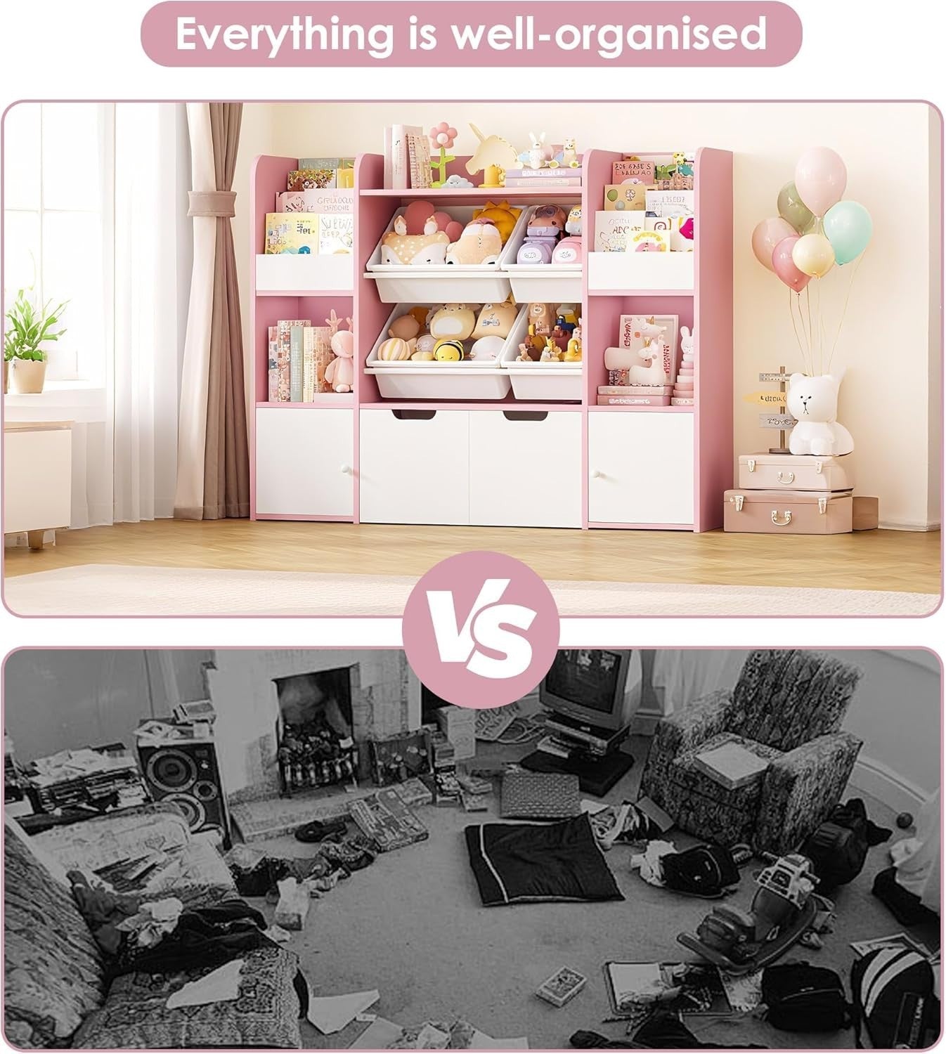 Kids Toy Storage Cabinet Bookshelf with Drawers Doors Bins 6-in-1 Unit Pink
