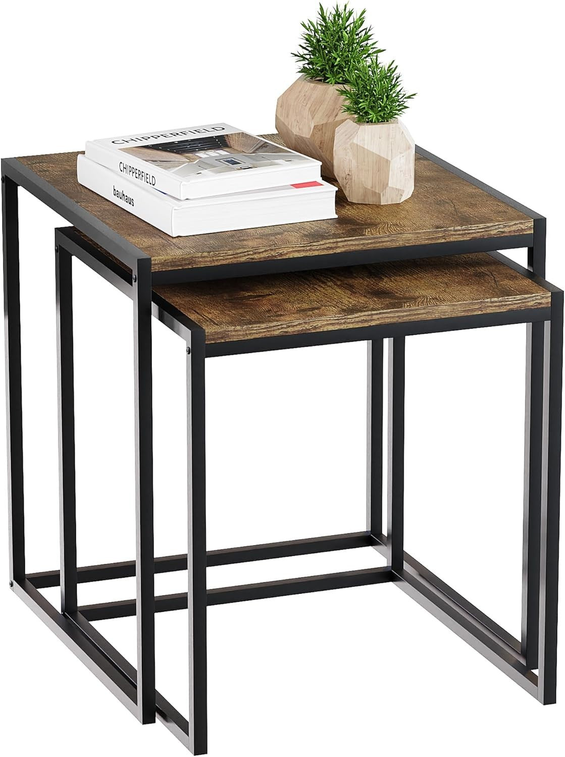 2x Industrial Dark Wood Metal Nesting Tables Set Side End Coffee Self Assembly