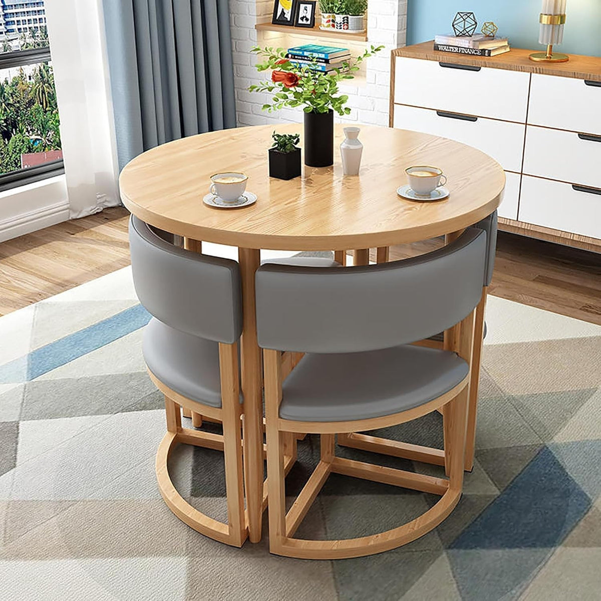Round Office Meeting Set – 80cm Compact Table with 4 Leather Foam Chairs