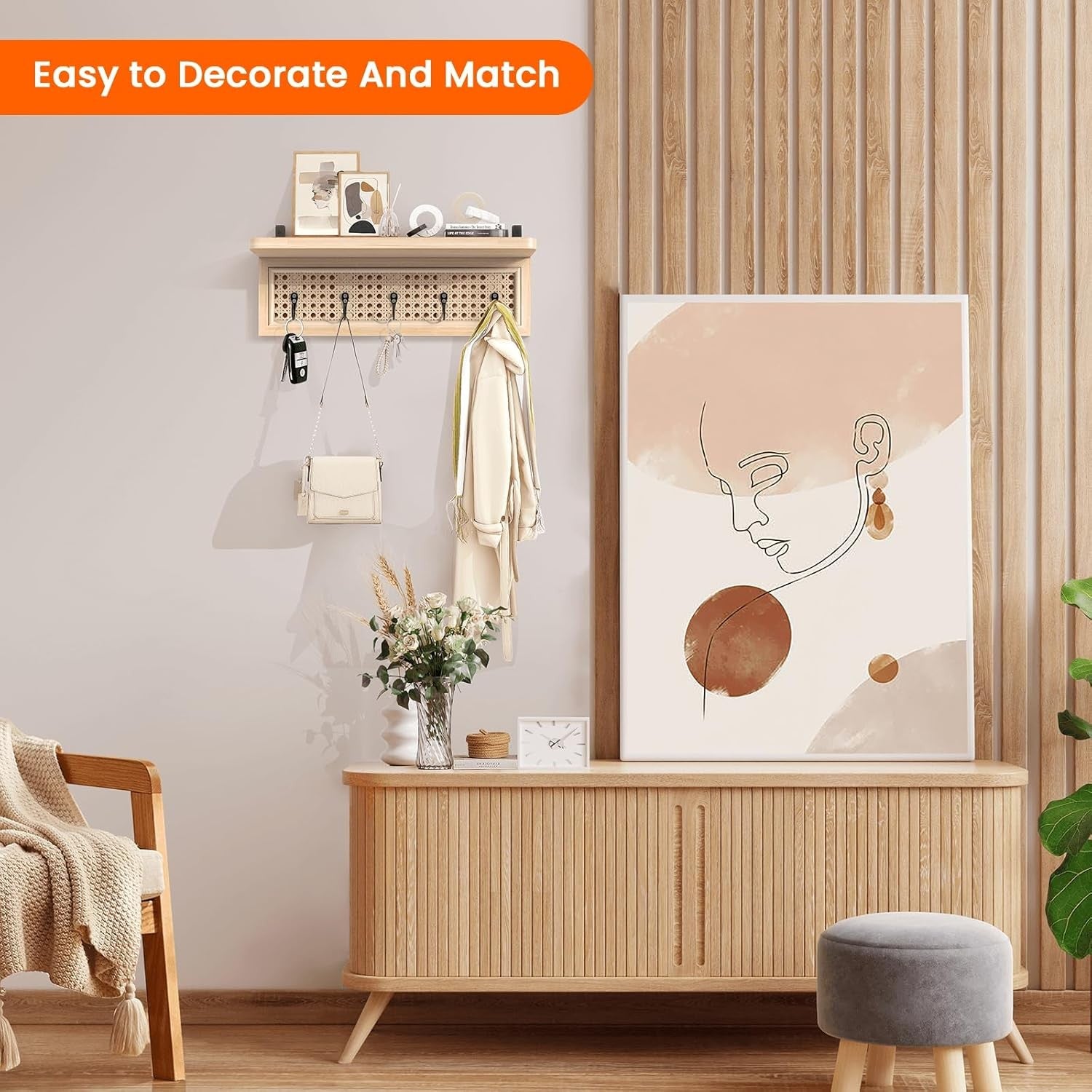 Boho Rattan Wall Shelf with 5 Hooks Natural Wood Floating Entryway Rack