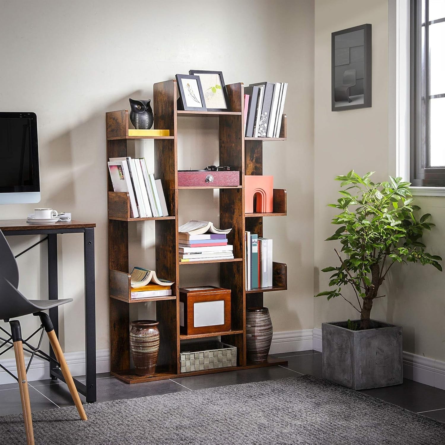 Tree-Shaped 13-Shelf Rustic Brown Bookcase Tall Display Unit for Modern Homes