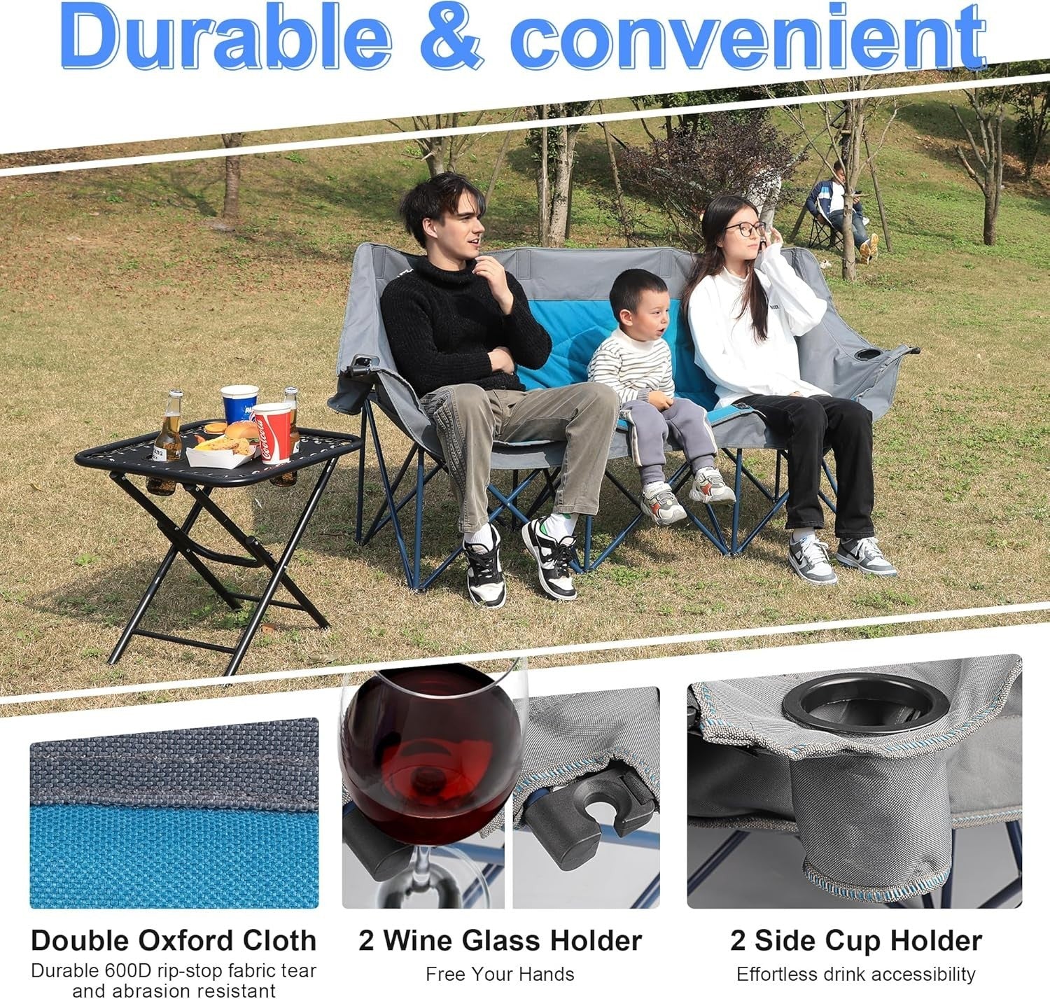 3 Seater Folding Camping Chair Sofa Heavy Duty Outdoor Loveseat BBQ