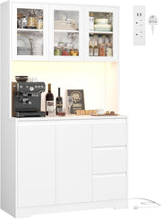 White Tall Kitchen Cupboard with LED, Sockets, Drawers & Shelves