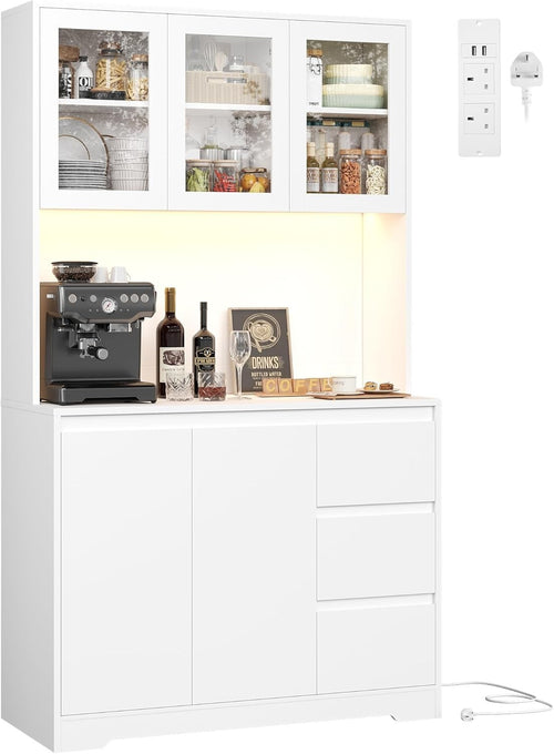 White Tall Kitchen Cupboard with LED, Sockets, Drawers & Shelves