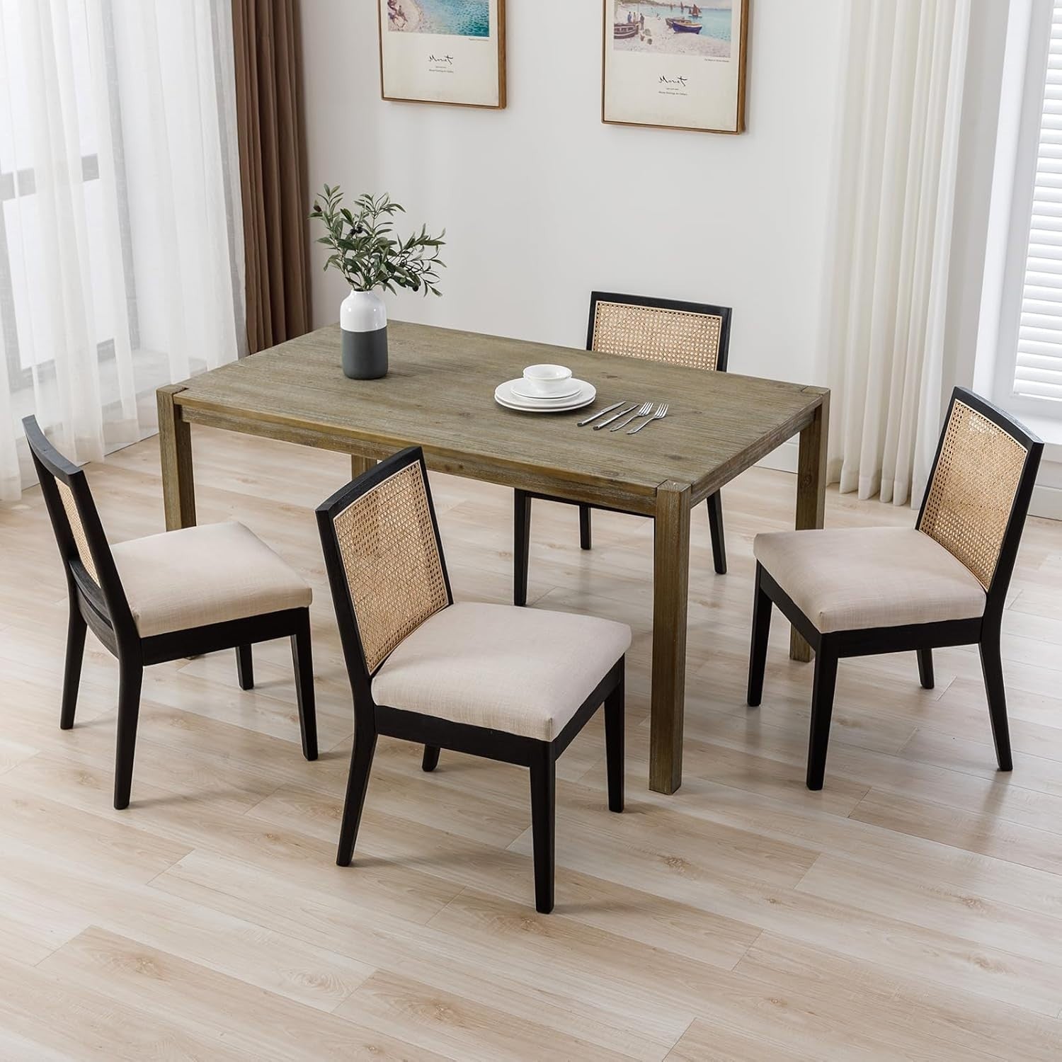 Set of 4 Black Rattan Dining Chairs Linen Seats Wooden Frame Modern