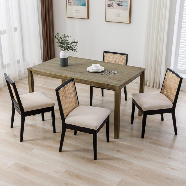 Set of 4 Black Rattan Dining Chairs Linen Seats Wooden Frame Modern
