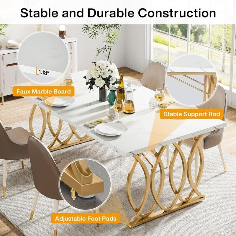 63" White Marble Dining Table with Gold Legs – 6 Seater Modern Table