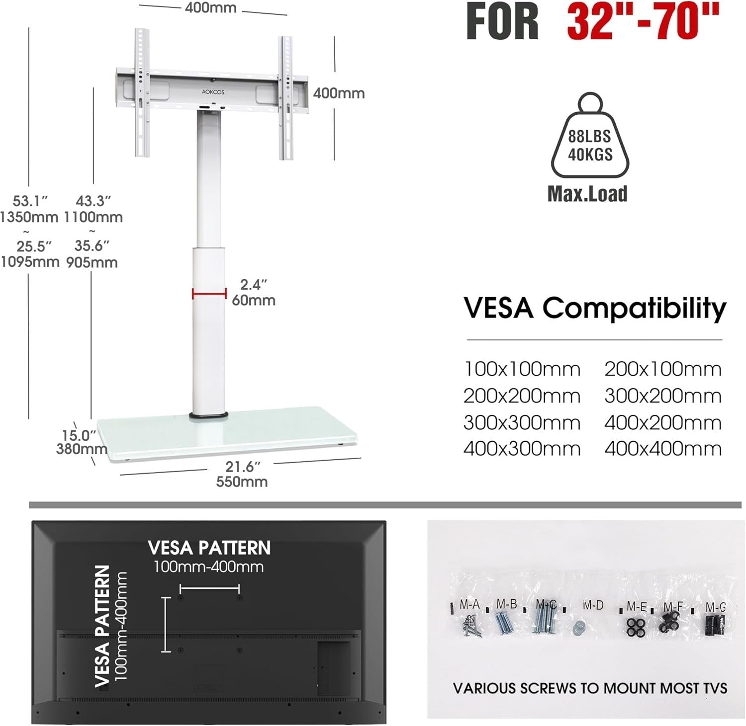 TV Floor Stand 32–70” with Tilt, Swivel & Height Adjust, VESA 400x400