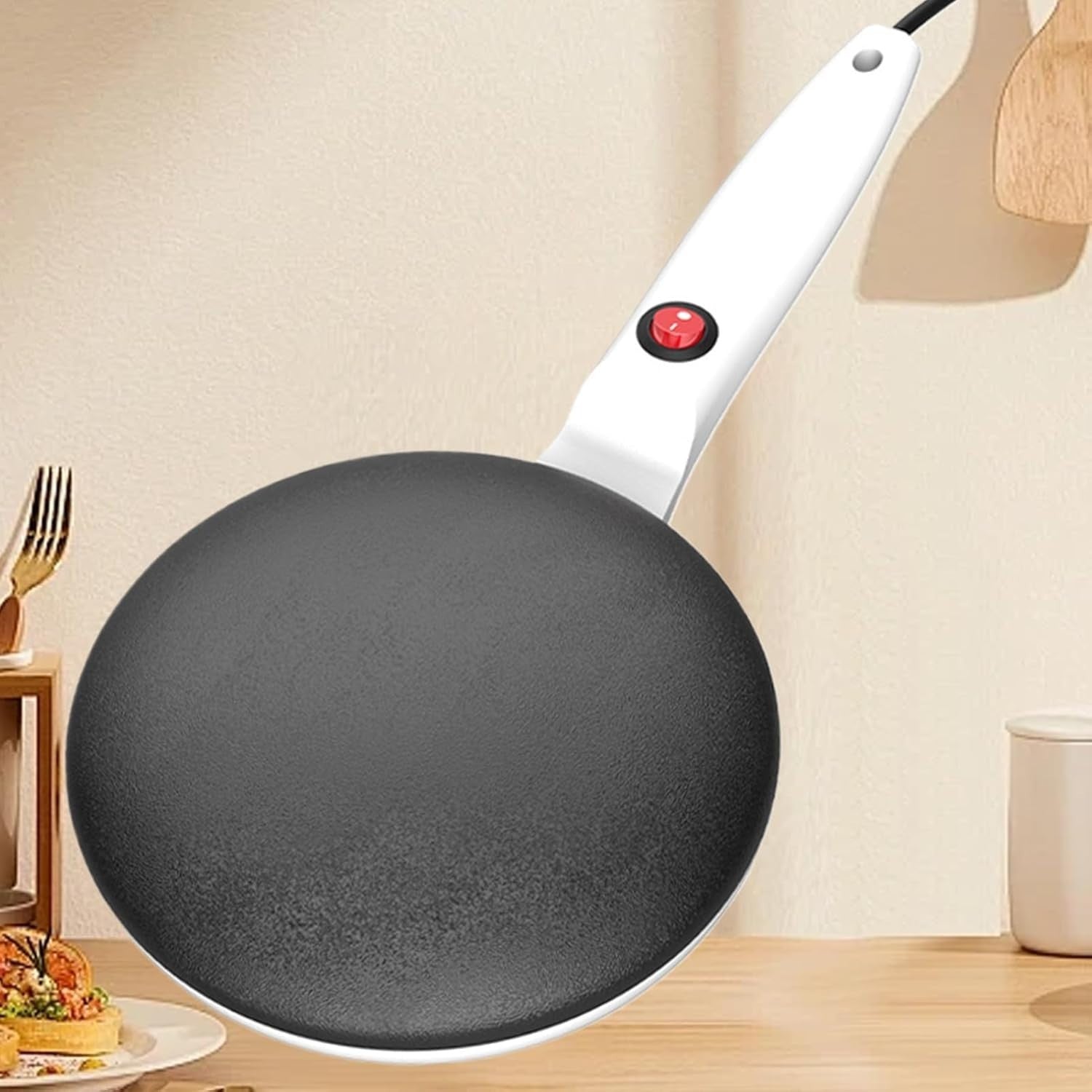 8" Electric Crepe Maker Non Stick Pancake Maker with Handle & Tray White