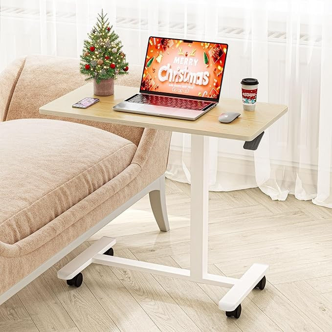 Overbed Laptop Table Height Adjustable C Shaped Desk on Wheels 80x40cm Wood
